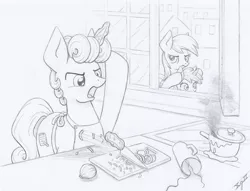 Size: 3120x2380 | Tagged: safe, artist:xeviousgreenii, derpibooru import, derpy hooves, dinky hooves, oc, oc:ginger mint, pony, unicorn, atg 2020, covering ears, image, implied swearing, magic, male, monochrome, newbie artist training grounds, png, stallion, traditional art