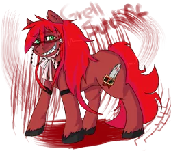 Size: 621x549 | Tagged: semi-grimdark, artist:ask-pony-gerita, derpibooru import, ponified, earth pony, pony, black butler, blood, chainsaw, grell sutcliff, grin, kuroshitsuji, smiling, solo, unshorn fetlocks