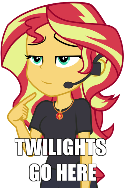 Size: 600x900 | Tagged: safe, artist:famousmari5, derpibooru import, edit, editor:drakeyc, sunset shimmer, equestria girls, equestria girls series, opening night, caption, clothes, cyoa, director shimmer, female, geode of empathy, headset, image macro, implied lesbian, implied shipping, implied twilight sparkle, jewelry, magical geodes, necklace, opening night: twilight sparkle, pants, pointing, pointing at self, simple background, solo, text, transparent background, unamused, vector