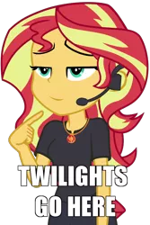 Size: 600x900 | Tagged: safe, artist:famousmari5, derpibooru import, edit, editor:drakeyc, sunset shimmer, equestria girls, equestria girls series, opening night, caption, clothes, cyoa, director shimmer, female, geode of empathy, headset, image macro, implied lesbian, implied shipping, implied twilight sparkle, jewelry, magical geodes, necklace, opening night: twilight sparkle, pants, pointing, pointing at self, simple background, solo, text, transparent background, unamused, vector