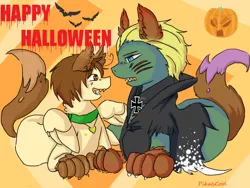 Size: 800x600 | Tagged: safe, artist:ask-pony-gerita, derpibooru import, ponified, earth pony, pegasus, pony, animal costume, animal ears, ask, clothes, collar, costume, duo, female, germany, halloween, happy halloween, hetalia, holiday, image, italy, jewelry, male, mare, necklace, png, pumpkin, smiling, stallion