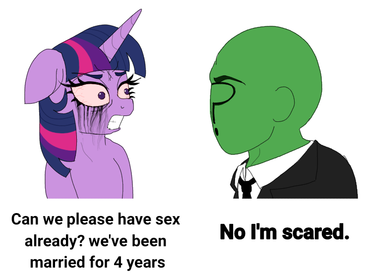 Size: 736x557 | Tagged: suggestive, artist:anonymous, derpibooru import, twilight sparkle, oc, oc:anon, ponified, human, pony, /mlp/, 4chan, bust, chad, drawthread, duo, meme, ponified meme, simple background, text, white background