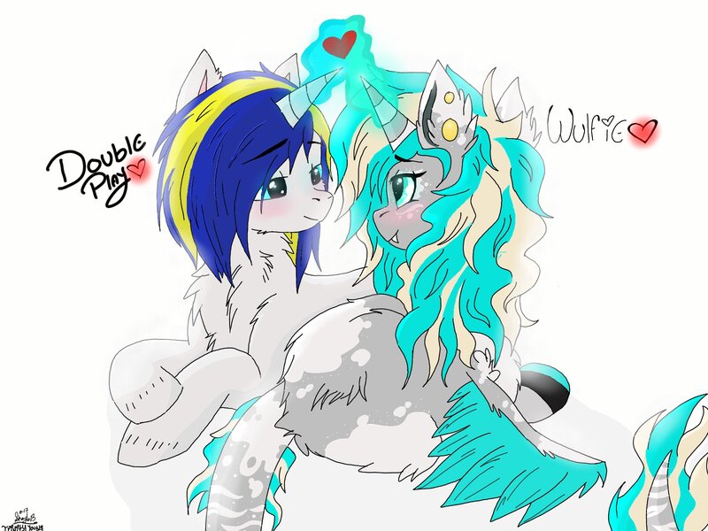 Size: 1600x1200 | Tagged: safe, artist:_wulfie, derpibooru import, oc, oc:double play, oc:wulfie, unofficial characters only, pony, unicorn, chest fluff, duo, female, glowing horn, horn, magic, mare, oc x oc, prone, shipping, simple background, telekinesis, text, unicorn oc, white background