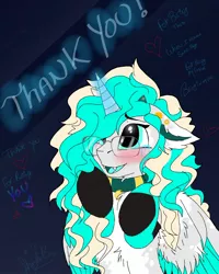 Size: 1200x1503 | Tagged: safe, artist:_wulfie, derpibooru import, oc, oc:wulfie, unofficial characters only, alicorn, pony, alicorn oc, blushing, chest fluff, clothes, crying, ear piercing, female, glasses, heart, horn, mare, open mouth, piercing, socks, solo, tears of joy, wings