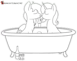 Size: 1130x889 | Tagged: safe, artist:teabucket, deleted from derpibooru, derpibooru import, trixie, oc, oc:manupone, pegasus, unicorn, bath, bathtub, claw foot bathtub, eyes closed, female, glass, male, mare, patreon, patreon logo, simple background, stallion, transparent background, wine bottle, wine glass