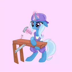 Size: 1280x1280 | Tagged: safe, artist:pfeffarooart, derpibooru import, trixie, pony, unicorn, bipedal, clothes, construction, floppy ears, glowing horn, hammer, horn, magic, magic aura, nail, wood