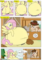 Size: 955x1350 | Tagged: suggestive, artist:teabucket, deleted from derpibooru, derpibooru import, fluttershy, oc, oc:butternut squash, earth pony, belly, big belly, bloated, blushing, comic, earth pony oc, eating, embarrassed, food, hat, huge belly, impossibly large belly, inflation, soup, spread wings, stuffing, wings