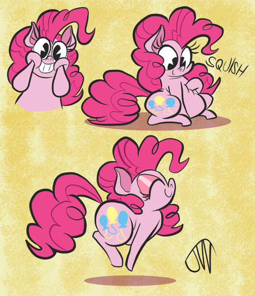 Size: 1022x1185 | Tagged: safe, artist:joeywaggoner, derpibooru import, pinkie pie, earth pony, pony, abstract background, adorafatty, chubbie pie, chubby, chubby cheeks, cute, diapinkes, eyes closed, fat, female, grin, hoof on chest, looking at you, mare, pacman eyes, profile, pronking, pudgy pie, signature, sitting, smiling, solo, squishy