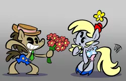 Size: 3049x1960 | Tagged: safe, artist:joeywaggoner, derpibooru import, derpy hooves, doctor whooves, time turner, earth pony, pegasus, semi-anthro, bipedal, bloomers, bouquet, clothes, doctorderpy, female, flower, gradient background, hat, high heels, high res, male, old timey, pacman eyes, shipping, shoes, shorts, signature, skirt, smiling, straight, style emulation