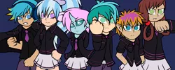 Size: 1700x684 | Tagged: artist:enderboy1908, clothes, derpibooru import, gallus, human, humanized, ocellus, safe, sandbar, school uniform, silverstream, smolder, student six, the young six, yona