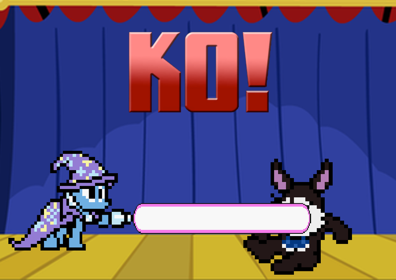 Size: 900x637 | Tagged: safe, artist:mega-poneo, derpibooru import, trixie, pony, rabbit, unicorn, animal, arm cannon, death battle, exploitable meme, female, jewelpet, laser, luea, mare, meme, pixel art, sanrio, sega