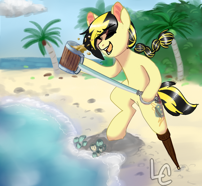 Size: 2500x2300 | Tagged: safe, artist:lightningchaser13, artist:lightningchaserarts, derpibooru import, oc, oc:lightning chaser, pegasus, pony, sea pony, alcohol, amputee, barnacle cay, beach, bipedal, braid, getaway, grog, island, island getaway, mug, ocean, peg leg, pirate, pirate pony, prosthetic leg, prosthetic limb, prosthetics, rum, sea of thieves, solo, sword, vacation, weapon