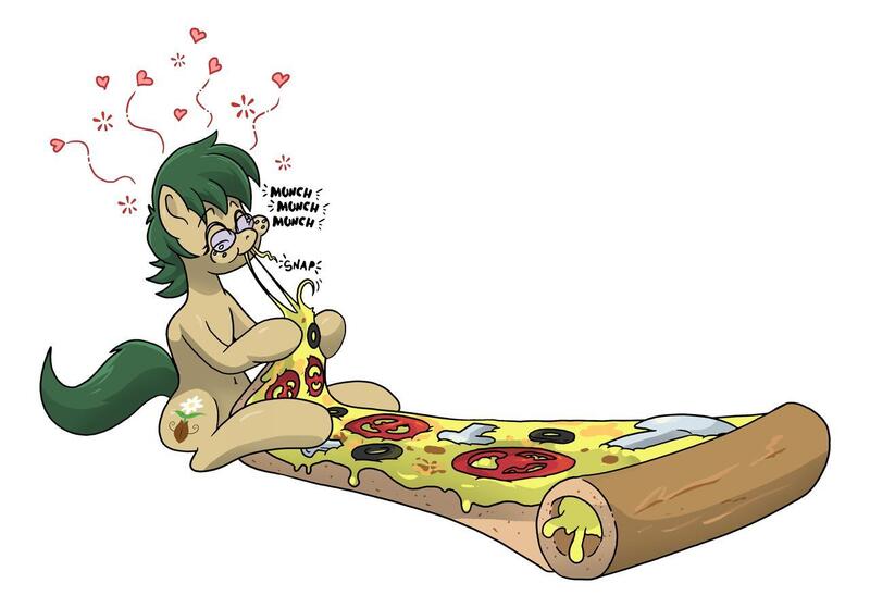 Size: 1280x895 | Tagged: safe, artist:willdabeard, derpibooru import, oc, oc:nutmeg, oc:nutmeg rose, earth pony, pony, eating, eyes closed, food, happy, heart, micro, mushroom, olive, pizza, shrunk, simple background, smiling, solo, stuffed crust, text, tomato