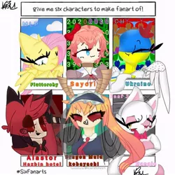 Size: 768x768 | Tagged: safe, artist:_lolitea_pop_, derpibooru import, fluttershy, human, pegasus, pony, six fanarts, alastor, animatronic, bust, clothes, countryhumans, crossover, doki doki literature club, female, five nights at freddy's, hazbin hotel, mangle, mare, miss kobayashi's dragon maid, sayori, ukraine