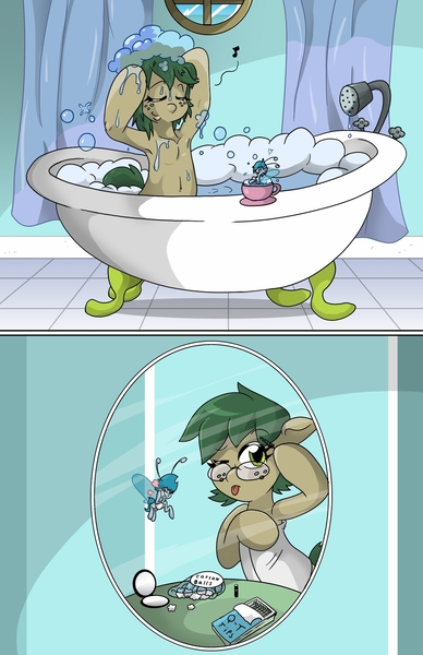 Size: 1280x1979 | Tagged: safe, artist:willdabeard, derpibooru import, powder, oc, oc:flurry, oc:misty, oc:nutmeg, oc:nutmeg rose, breezie, earth pony, pony, armpits, bath, bathing, bathtub, bubble, bubble bath, claw foot bathtub, comic, eyes closed, floating, implied nudity, interior, makeup, micro, mirror, panels, smiling, soap, towel, we don't normally wear clothes, wet