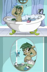 Size: 1280x1979 | Tagged: safe, artist:willdabeard, derpibooru import, powder, oc, oc:flurry, oc:misty, oc:nutmeg, oc:nutmeg rose, breezie, earth pony, pony, armpits, bath, bathing, bathtub, bubble, bubble bath, claw foot bathtub, comic, eyes closed, floating, implied nudity, interior, makeup, micro, mirror, panels, smiling, soap, towel, we don't normally wear clothes, wet