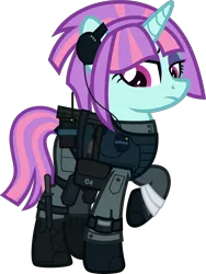 Size: 2000x2656 | Tagged: safe, artist:n0kkun, derpibooru import, sunny flare, ponified, pony, unicorn, armor, bag, bandage, belt, boots, c4, clothes, commission, equestria girls ponified, eyeshadow, female, gloves, headset, knee pads, knife, makeup, mare, mercenary, pants, radio, raised hoof, saddle bag, shoes, simple background, solo, transparent background, watch, wristwatch