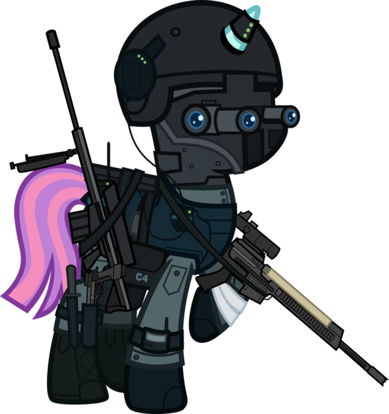 Size: 6000x6385 | Tagged: safe, alternate version, artist:n0kkun, derpibooru import, sunny flare, ponified, pony, unicorn, ar-57, armor, assault rifle, auto-9, bag, bandage, belt, boots, c4, clothes, cobra assault cannon, commission, equestria girls ponified, eyeshadow, female, gloves, goggles, gun, handgun, headset, helmet, knee pads, knife, makeup, mare, mask, mercenary, night vision goggles, pants, pistol, radio, raised hoof, rifle, robocop, saddle bag, shoes, simple background, solo, transparent background, watch, weapon, wristwatch