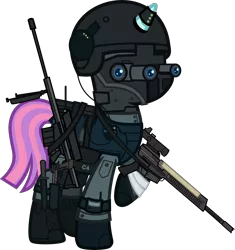 Size: 6000x6385 | Tagged: safe, alternate version, artist:n0kkun, derpibooru import, sunny flare, ponified, pony, unicorn, ar-57, armor, assault rifle, auto-9, bag, bandage, belt, boots, c4, clothes, cobra assault cannon, commission, equestria girls ponified, eyeshadow, female, gloves, goggles, gun, handgun, headset, helmet, knee pads, knife, makeup, mare, mask, mercenary, night vision goggles, pants, pistol, radio, raised hoof, rifle, robocop, saddle bag, shoes, simple background, solo, transparent background, watch, weapon, wristwatch