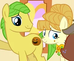 Size: 1296x1080 | Tagged: abomination, annoying orange, applejack, aunt orange, cropped, cursed image, derpibooru import, duo focus, edit, edited screencap, female, filly, filly applejack, god is dead, mosely orange, oh god no, safe, screencap, the cutie mark chronicles, this is why we can't have nice things, uncle orange, younger