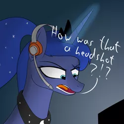 Size: 2000x2000 | Tagged: safe, artist:ngnir, derpibooru import, princess luna, alicorn, pony, gamer luna, angry, atg 2020, bust, dialogue, exclamation point, female, headset, high res, magic, mare, newbie artist training grounds, open mouth, ponytail, portrait, question mark, solo, telekinesis