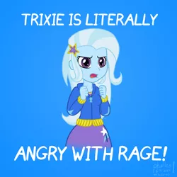 Size: 1000x1000 | Tagged: safe, artist:phallen1, derpibooru import, trixie, equestria girls, angry, atg 2020, blue background, female, futurama, meme, newbie artist training grounds, pleonasm, simple background, solo