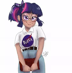 Size: 995x1003 | Tagged: adorkable, artist:ask-sunpie, artist:wimsie, belt, blushing, book, clothes, cute, derpibooru import, dork, ear piercing, earring, glasses, human, humanized, jeans, jewelry, nasa, pants, piercing, safe, shirt, signature, simple background, smiling, solo, tumblr:ask sunpie, twiabetes, twilight sparkle, white background