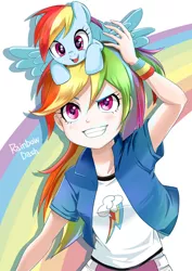 Size: 990x1400 | Tagged: safe, artist:aruba, color edit, derpibooru import, edit, editor:michaelsety, rainbow dash, pegasus, pony, equestria girls, anime, blushing, clothes, colored, compression shorts, cute, dashabetes, female, grin, human coloration, human ponidox, mare, moe, pixiv, pony hat, pony on head, rainbow, self ponidox, shirt, skirt, smiling, square crossover, tiny, tiny ponies