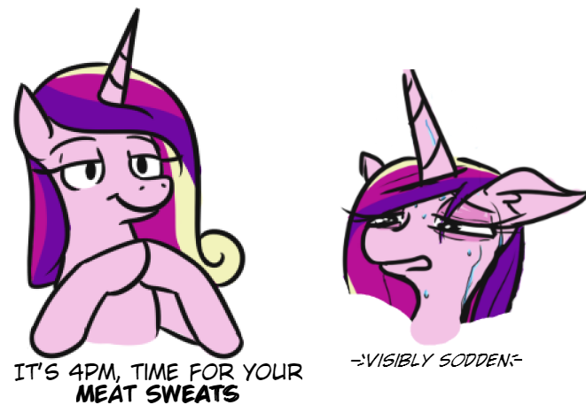 Size: 661x457 | Tagged: safe, artist:jargon scott, derpibooru import, princess cadance, alicorn, pony, dick flattening, female, floppy ears, hooves together, mare, meat sweats, meme, self paradox, simple background, sweat, white background