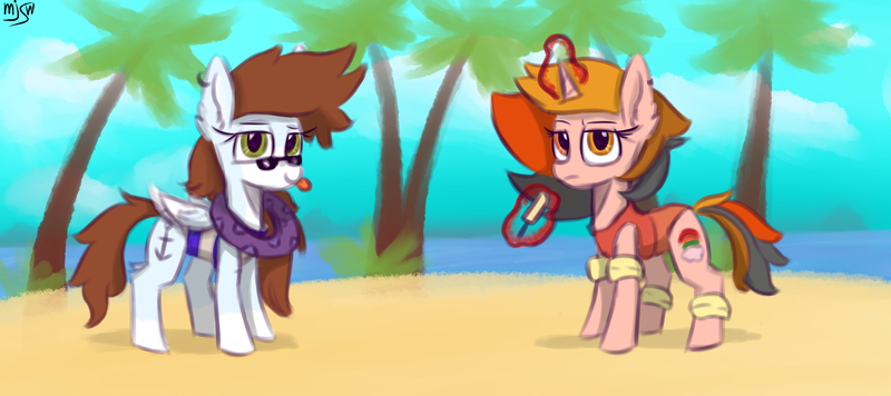 Size: 4500x2000 | Tagged: safe, artist:mjsw, derpibooru import, oc, oc:majuvelliy, unofficial characters only, pegasus, pony, unicorn, beach, clothes, duo, female, food, ice cream, magic, mare, mlem, silly, sketch, swimsuit, tongue out