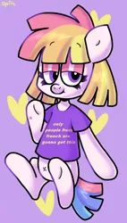 Size: 860x1516 | Tagged: safe, artist:spritecranbirdie, derpibooru import, toola roola, earth pony, pony, chill, clothes, eyebrows visible through hair, french, grammar error, levitation, magic, shirt, smiling, smiling at you, t-shirt, telekinesis, tired, toola-roola