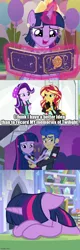 Size: 500x1560 | Tagged: safe, derpibooru import, edit, edited screencap, screencap, flash sentry, starlight glimmer, sunset shimmer, twilight sparkle, twilight sparkle (alicorn), alicorn, pony, equestria girls, memories and more, mirror magic, rainbow rocks, the ending of the end, the last problem, spoiler:eqg specials, spoiler:memories and more, book, clothes, coronation dress, dress, oops, scrapbook, second coronation dress