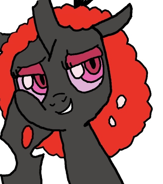 Size: 619x695 | Tagged: artist:whistle blossom, autodesk sketchbook, changeling, changeling queen, changeling queen oc, crown, cute, derpibooru import, digital art, female, grin, jewelry, lidded eyes, mare, oc, oc:queen anthill, red changeling, regalia, safe, simple background, smiling, solo, trace, unofficial characters only, white background