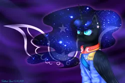 Size: 3600x2400 | Tagged: safe, artist:brilliant-luna, derpibooru import, nightmare moon, alicorn, pony, clothes, commander, ear fluff, ear piercing, ethereal mane, female, flag, lineless, new lunar empire, piercing, serious, serious face, solo, starry mane, uniform