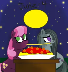 Size: 1280x1348 | Tagged: artist:horroraceman93, cheerilee, derpibooru import, female, lady and the tramp, lesbian, marbilee, marble pie, night, pride month, safe, shipping, spaghetti scene