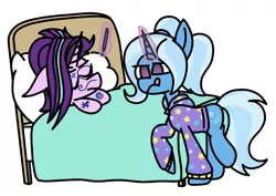 Size: 1880x1332 | Tagged: safe, artist:rainbowbacon, derpibooru import, starlight glimmer, trixie, pony, unicorn, alternate hairstyle, babysitter trixie, bed, clothes, face doodle, hoodie, levitation, magic, marker, pillow, telekinesis
