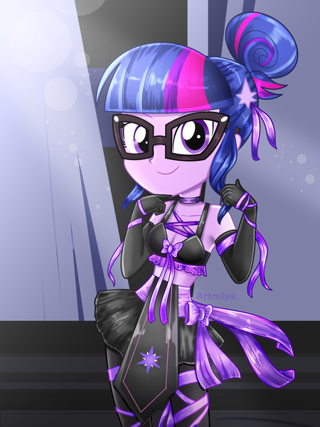 Size: 1800x2400 | Tagged: safe, artist:artmlpk, derpibooru import, sci-twi, twilight sparkle, equestria girls, adorable face, adorasexy, adorkable, alternate hairstyle, bare chest, bare shoulders, beautiful, beret, black skirt, boots, bow, choker, clothes, costume, cute, design, digital art, dork, evening gloves, female, gloves, hair bun, hat, long gloves, looking at you, midriff, ninja, outfit, ribbon, sexy, shoes, skirt, sleeveless, smiling, smiling at you, socks, solo, sports bra, thigh boots, thigh highs, thighs, twiabetes, watermark