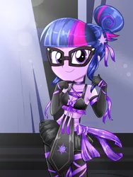 Size: 1800x2400 | Tagged: safe, artist:artmlpk, derpibooru import, sci-twi, twilight sparkle, equestria girls, adorable face, adorasexy, adorkable, alternate hairstyle, bare chest, bare shoulders, beautiful, beret, black skirt, boots, bow, choker, clothes, costume, cute, design, digital art, dork, evening gloves, female, gloves, hair bun, hat, long gloves, looking at you, midriff, ninja, outfit, ribbon, sexy, shoes, skirt, sleeveless, smiling, smiling at you, socks, solo, sports bra, thigh boots, thigh highs, thighs, twiabetes, watermark