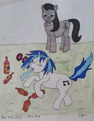 Size: 899x1156 | Tagged: artist:rapidsnap, beer bottle, derpibooru import, drool, drunk, newcastle brown ale, octavia melody, passed out, safe, sleeping, snoozing on floor, snoring, spilled drink, traditional art, unamused, unconscious, vinyl scratch