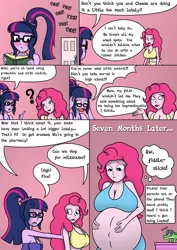 Size: 1700x2400 | Tagged: suggestive, artist:foxtide888, artist:pacificside18, derpibooru import, gummy, pinkie pie, sci-twi, twilight sparkle, equestria girls, and that's how li'l cheese was made, belly, belly button, big belly, big breasts, bra, breasts, busty pinkie pie, clothes, comic, dialogue, image, implied cheese sandwich, implied shotgun wedding, offscreen sex, panties, png, pregnant, pregnant equestria girls, underwear