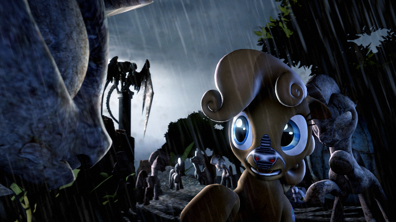 Size: 1280x720 | Tagged: source needed, safe, artist:flipchip, derpibooru import, oc, oc:wisp chaser, unofficial characters only, earth pony, zebra, fallout equestria, 3d, doctor who, rain, statue, weeping angel, weeping angels