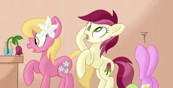 Size: 2500x1284 | Tagged: safe, artist:notadeliciouspotato, derpibooru import, daisy, flower wishes, lily, lily valley, roseluck, earth pony, pony, atg 2020, derp, faint, female, flower, flower trio, frown, hoof on head, legs in air, mare, newbie artist training grounds, open mouth, rose, shocked, table, the horror, trio, vase