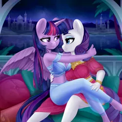 Size: 4000x4000 | Tagged: safe, artist:shoosha, derpibooru import, rarity, twilight sparkle, twilight sparkle (alicorn), alicorn, anthro, pony, saddle arabian, unicorn, arms around neck, bracelet, clothes, cushion, dress, eye contact, female, jewelry, lesbian, looking at each other, mare, midriff, necklace, palm tree, pants, rarilight, river, saddle arabia, saddle arabian outfit, see-through, shipping, sitting, tree