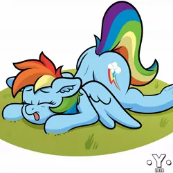 Size: 1980x1980 | Tagged: safe, artist:yelowcrom, derpibooru import, rainbow dash, pegasus, pony, ear fluff, eyes closed, face down ass up, female, mare, passed out, solo, tongue out, wings