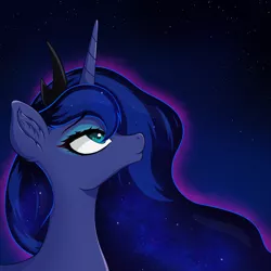 Size: 1024x1024 | Tagged: safe, artist:nathayro37, derpibooru import, princess luna, alicorn, pony, bust, crown, ear fluff, ethereal mane, female, jewelry, lidded eyes, looking up, mare, night, portrait, profile, regalia, solo