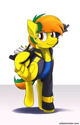 Size: 1932x3000 | Tagged: safe, artist:buckweiser, derpibooru import, oc, oc:dual screen, pegasus, pony, augmented, clothes, female, jacket, ripped, ripped shirt, shirt, sierra nevada, solo, weapon