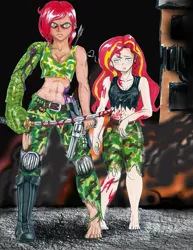 Size: 1581x2048 | Tagged: semi-grimdark, artist:aspirantedeartista, derpibooru import, sunset shimmer, oc, oc:milly scratch, human, hybrid, monster girl, undead, zombie, 44 magnum, abs, angry, arrow, background human, bags under eyes, barefoot, belly button, belt, bleeding, blood, blood stains, blue eyes, blushing, boots, breasts, building, bullet, bullet hole, bullet wound, camouflage, canon x oc, chaos, city, cleavage, clenched fist, clothes, commission, couple, cut, dark skin, dead eyes, destruction, dripping blood, duo, duo female, feet, female, females only, fire, fit, frown, full body, grenade, gun, handgun, heart, holster, human coloration, humanized, humanized oc, hunter, implied lesbian, injured, katana, lidded eyes, looking at you, love, love story, military, military grade equipment, military uniform, moderate dark skin, monster, muscles, muscular female, narrowed eyes, pants, protecting, purple blood, red eyes, red hair, revolver, road, shadow, shipping, shoes, slit eyes, smoke, standing, story included, street, sunlly, sword, tanktop, toes, tomboy, toned, torn clothes, traditional art, trigger discipline, weapon, white eyes, wounded warriors