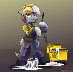 Size: 3056x3000 | Tagged: safe, artist:buckweiser, derpibooru import, oc, oc:radan, earth pony, bipedal, earth pony oc, grumpy, janitor, male, mop, mysterious white liquid, phome, sierra nevada, stallion