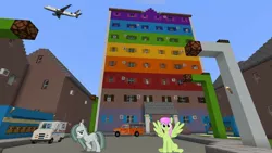 Size: 1334x750 | Tagged: safe, artist:bluemeganium, artist:mrkupkake, artist:topsangtheman, derpibooru import, marble pie, merry may, earth pony, pegasus, pony, house, looking at you, minecraft, photoshopped into minecraft