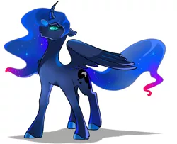 Size: 6400x5200 | Tagged: safe, artist:mylittlegodzilla, derpibooru import, princess luna, alicorn, pony, beautiful, commission, curved horn, ethereal mane, ethereal tail, female, floppy ears, flowing mane, flowing tail, frown, glare, glowing eyes, horn, implied nightmare moon, looking at you, mare, simple background, solo, standing, starry mane, starry tail, unshorn fetlocks, wings